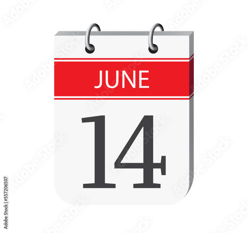14 june calendar page vector. 3d one day calendar date appointment, deadline, event reminder illustration. Abstract three dimensional daily date calendar.
