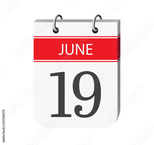19 june calendar page vector. 3d one day calendar date appointment, deadline, event reminder illustration. Abstract three dimensional daily date calendar.
