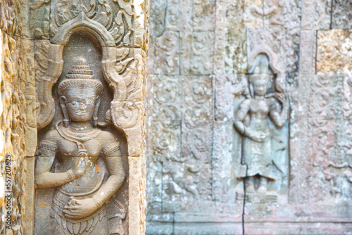 Khmer apsara sculture on the wall at Preah Khan temple