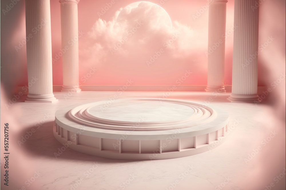 Fototapeta premium marble display podium for luxury product advertisement with a beautiful pastel pink background with clouds, generative ai