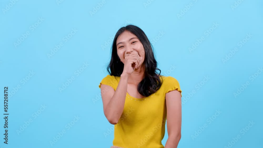 4K, portrait, long haired girl wearing a shirt yellow tights, Standing laughing, he laughed hard, Until I had raise my hand cover my mouth, politely laugh, Isolated indoor studio on blue background. 4K, portrait, long haired girl wearing a shirt yellow tights, Standing laughing, he laughed hard, Until I had raise my hand cover my mouth, politely laugh, Isolated indoor studio on blue background.