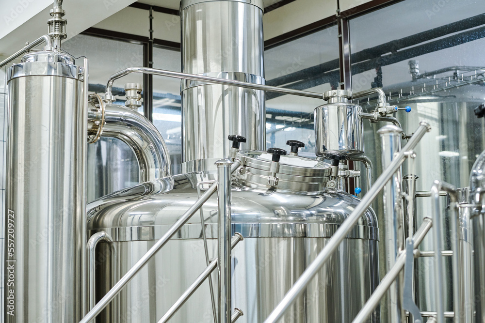 Steel tank for brewing alcohol drinks in modern brewery factory