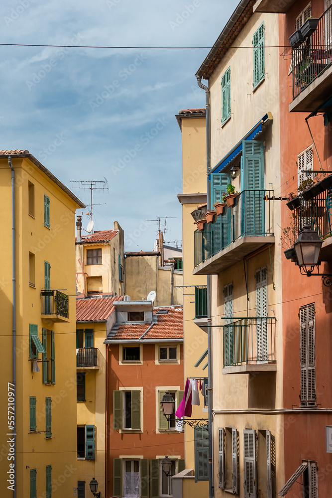 Landscape of colorful buildings and windows in france