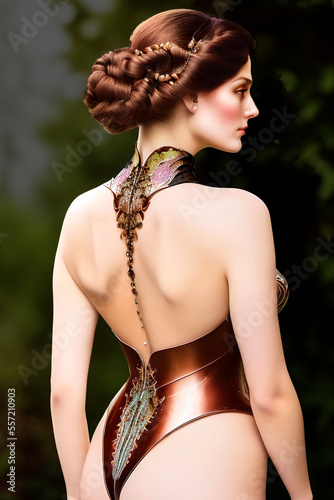 Rear view of a white-haired young woman with a skimpy tight copper-colored suit and a wide chain around her neck, fictional person, made with generative AI