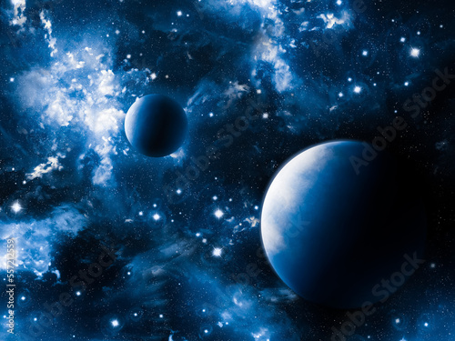 Fototapeta Naklejka Na Ścianę i Meble -  Planets in space against the backdrop of bright interstellar nebulae. Stardust in a galaxy full of stars. Earth-like exoplanets.