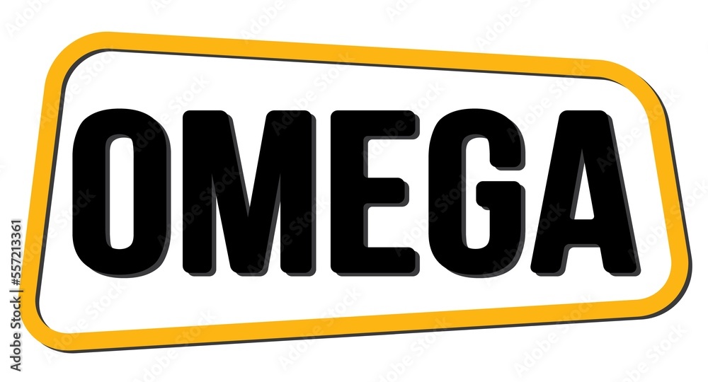 OMEGA text on yellow-black trapeze stamp sign. OMEGA text on yellow-black trapeze stamp sign.