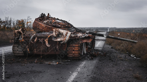 The war in Ukraine, the road to the city of Izyum, the destroyed Russian tank, the rear view, Kharkiv region.