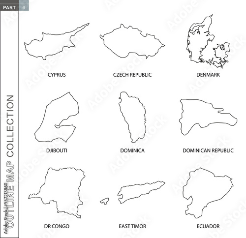 Outline maps collection, nine black lined vector map