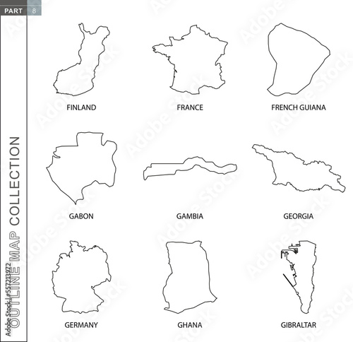 Outline maps collection, nine black lined vector map