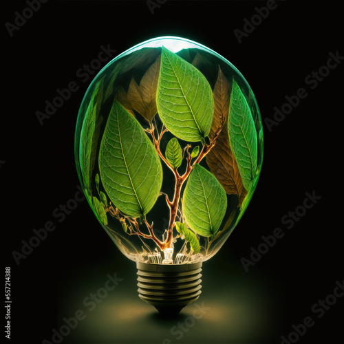 Green energu image of tree leaves growing inside an illuminated light bulb on dark black background, Generative AI photo