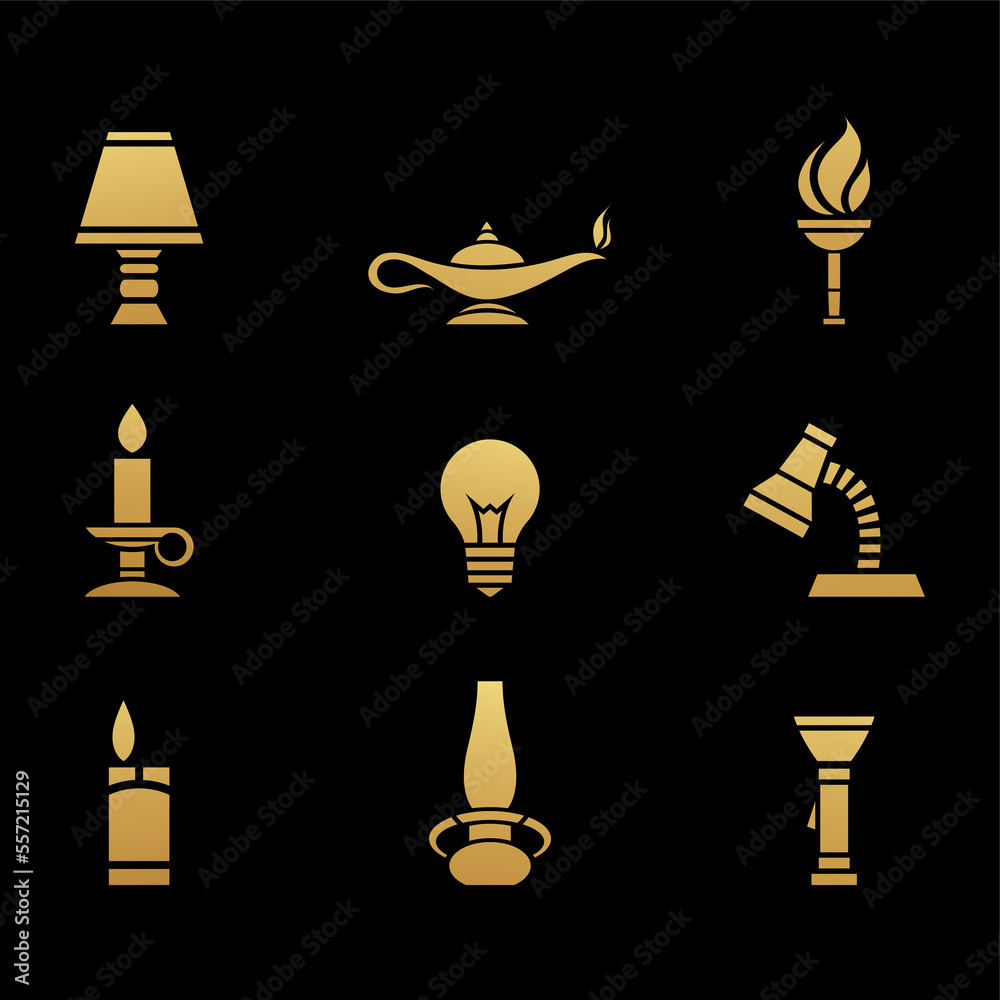 Golden Light Sources Icons on a Black Background Golden Light Sources Icons on a Black Background