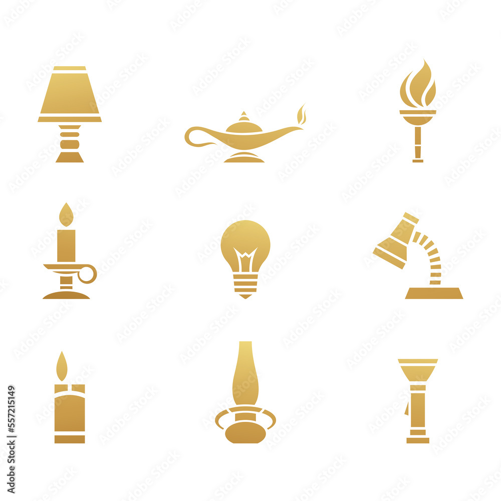 Golden Light Sources Icons on a White Background Golden Light Sources Icons on a White Background