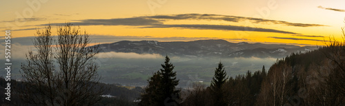 Winter sunset panorama of Beskid Mountains in Czech Republic nearby Filipka mountain peak