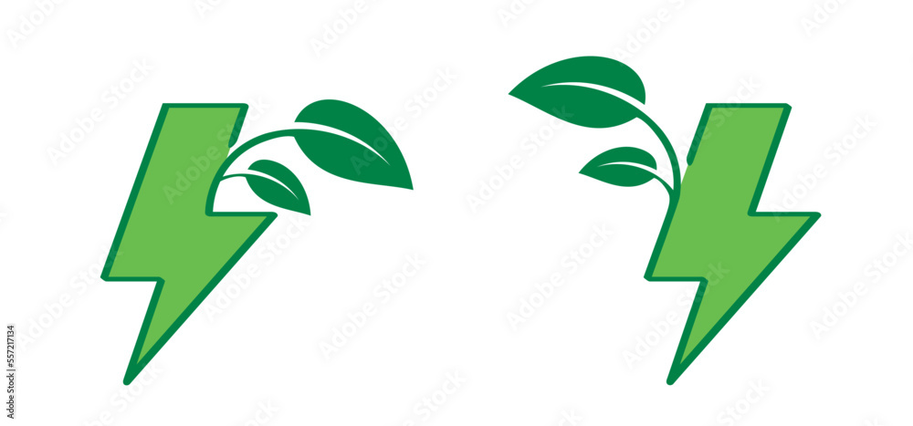 Obraz premium Cartoon green bio or eco power icon or symbol. Natural energy saving leaves and electric plugs. Electrical cable plug with leaf. Ecology concept. Drawing voltage, ecology.