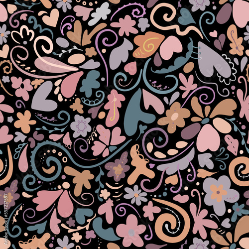 Floral pattern on a black background. Pink  brown  yellow elements. Seamless vector image.