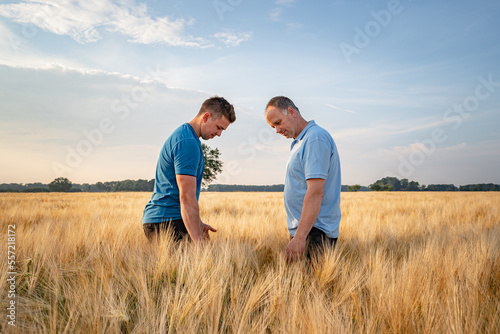 Erlerntes weiter geben: Landwirt steht mit seinen Auszubildenen im reifen Getreidefeld und gibt sein Wissen weiter.