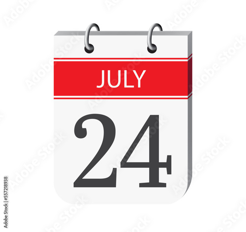24 july calendar page vector. 3d one day calendar date appointment, deadline, event reminder illustration. Abstract three dimensional daily date calendar.
