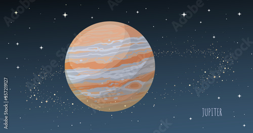Jupiter planet. Collection of Planets of solar system. Cartoon style vector illustration isolated on white background. Space galaxy background cartoon universe, cosmos dust scenery.