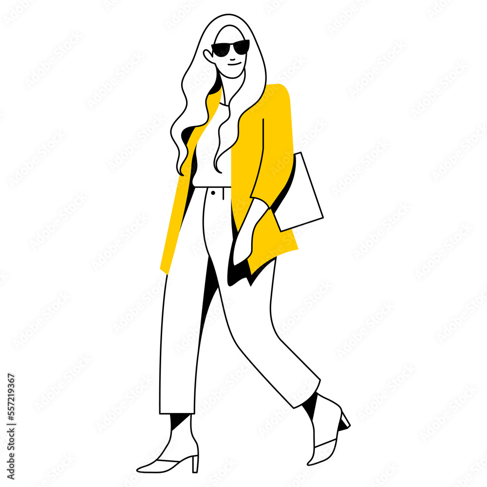 vector flat design trendy linear illustration beautiful stylish woman in jacket walking. street style, fashion. useful for web, graphic design, print, clothing stores, postcard, poster. 2d people. vector flat design trendy linear illustration beautiful stylish woman in jacket walking. street style, fashion. useful for web, graphic design, print, clothing stores, postcard, poster. 2d people.