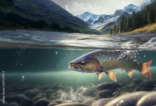 Underwater shot of a beautiful trout swimming in a shallow mountain river - Generative AI