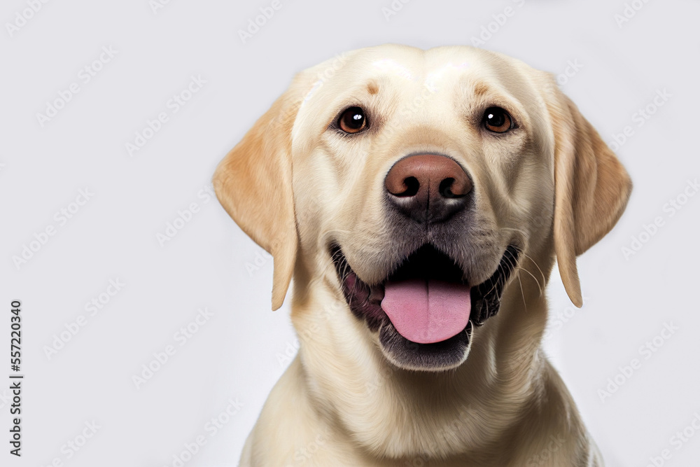 Close up portrait of a blond labrador golden retriever dog looking at the camera happy and smiling on isolated white background