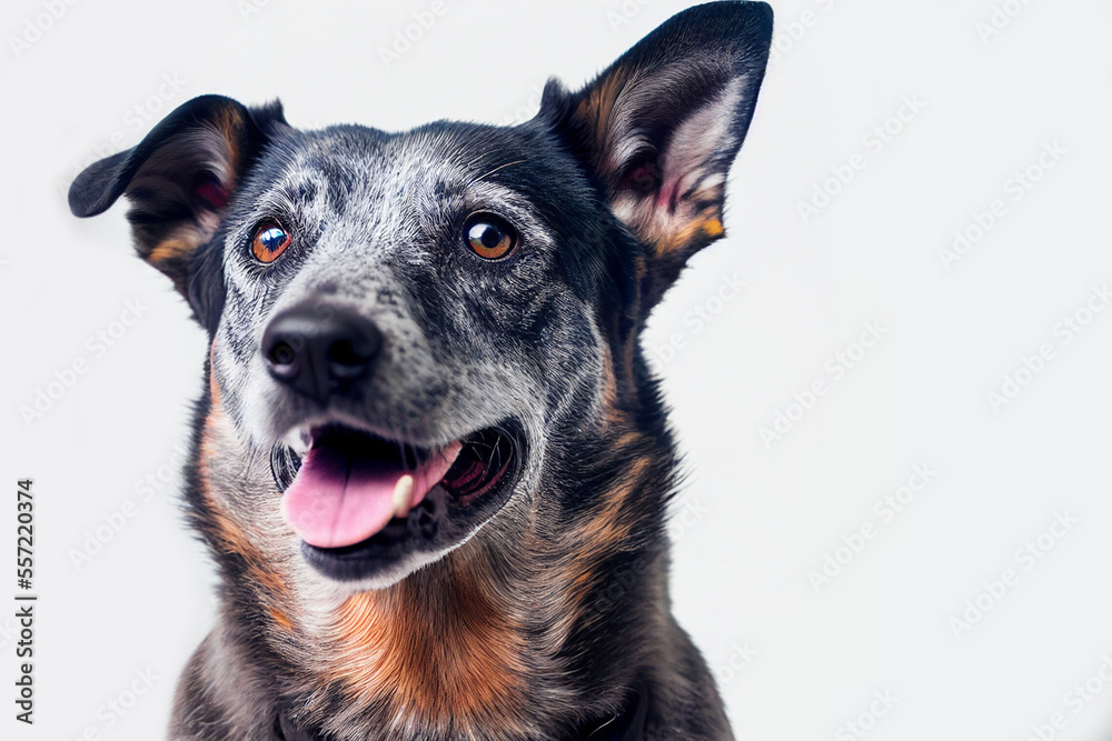 Fototapeta premium Close up portrait cute funny gray dog smiling on isolated white background. A beautiful dog photo for advertises.