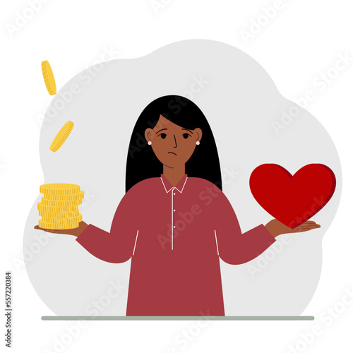 Money and a red heart in the hands of a woman. Imbalance in lifestyle and work. Comparison of business stress and a healthy lifestyle. Balance of work and life.