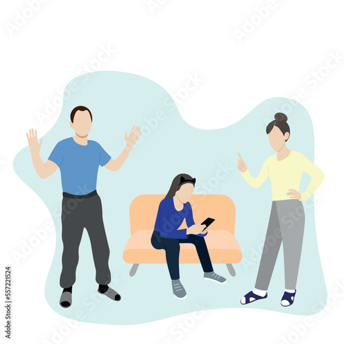 Dad and mom scold their daughter, who is sitting on the couch with a phone in her hands, raising teenagers, flat vector, isolate on white, generation difference