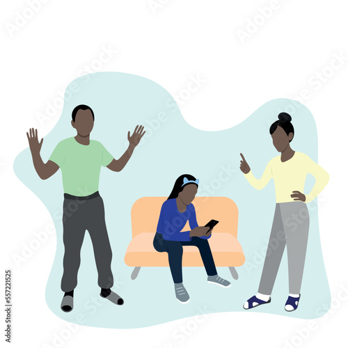 Black family, dad and mom scold their daughter, who is sitting on the sofa with a phone in her hands, raising teenagers, flat vector, isolate on white, generation difference