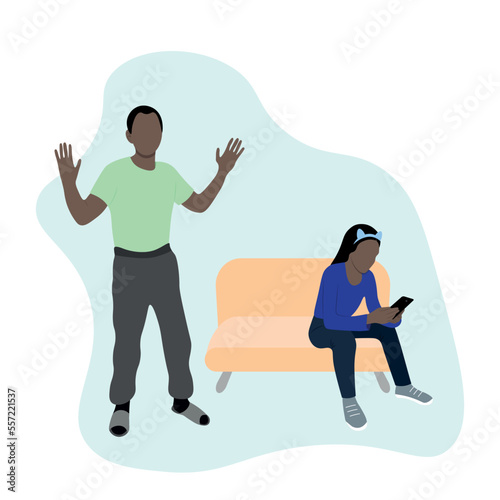 Dad scolds his daughter who is sitting on the couch with a phone in her hands, raising teenagers, flat vector, isolate on white, dark-skinned family