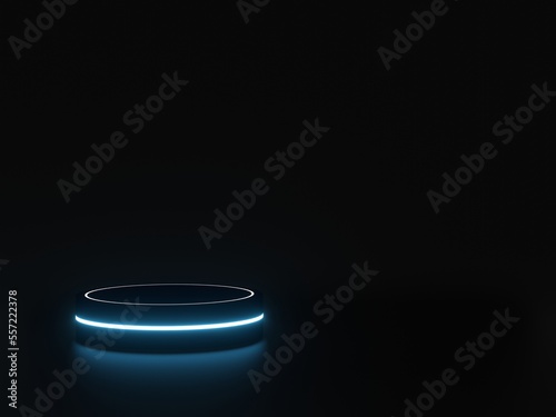 3d circle podium with blue neon lights on black background. product presentation venue. podium or stage backdrop for performance products.