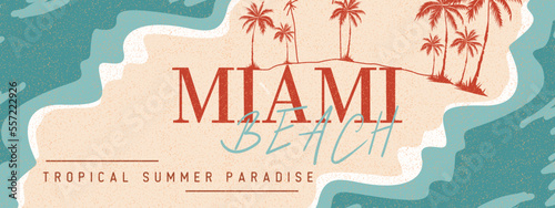 Miami Beach Banner Design Wave palm tree distressed typography Background Ocean web design box Banner sign template card graphic design vector