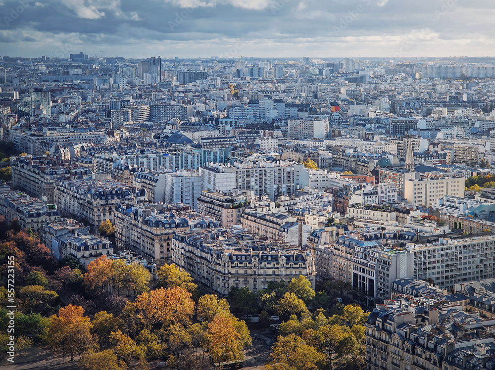 Obraz premium Paris cityscape view from the Eiffel tower height, France. Fall season scene with colored trees