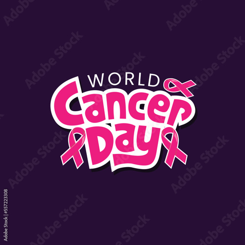 World Cancer Day Lettering and Typography Vector Illustration with Pink Color Ribbon. Cancer Awareness Poster Banner Template Background Design