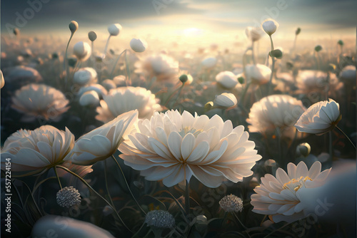 Field of Wild White Flowers in Soft Morning Light. Generative ai