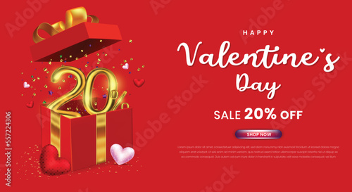 Valentine's day sale 20 percent off promotion or shopping template with a gift box and 3d number