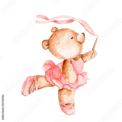 Watercolor hand drawn of brown bear ballerina in pink dress. Cute dancing mice, watercolor illustration, animal with cartoon character. Perfect for greeting card, print design, wedding invitation.