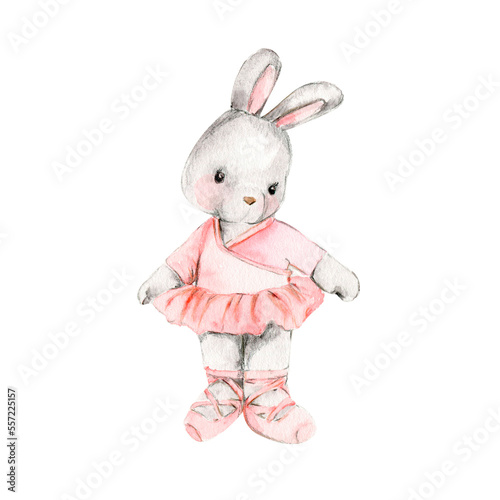 Watercolor hand drawn of gray mouse ballerina in pink dress. Cute dancing mice  watercolor illustration  animal with cartoon character. Perfect for greeting card  print design  wedding invitation.