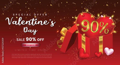 Valentine s day 90 percent off selling template with a gift box and 3d number