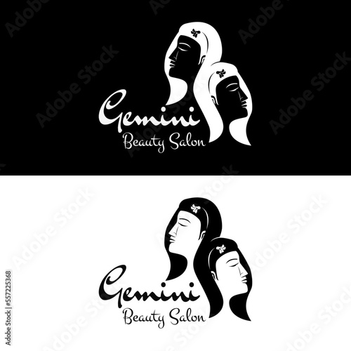 Beautiful twin girl for Gemini horoscope tattoo or classic women beauty salon logo design