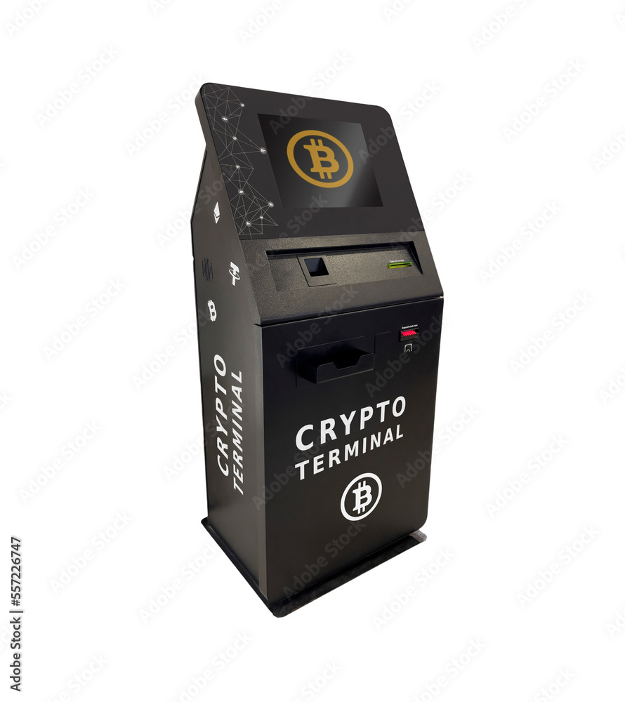 Bitcoin and cryptocurrency deposit and withdraw atm terminal isolated on white background Bitcoin and cryptocurrency deposit and withdraw atm terminal isolated on white background