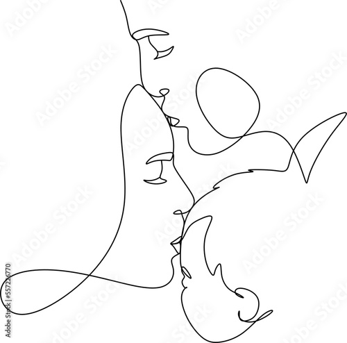Happy family in continuous line art drawing style. United family portrait of parents and their little girl kid black linear sketch isolated on white background. Vector illustration