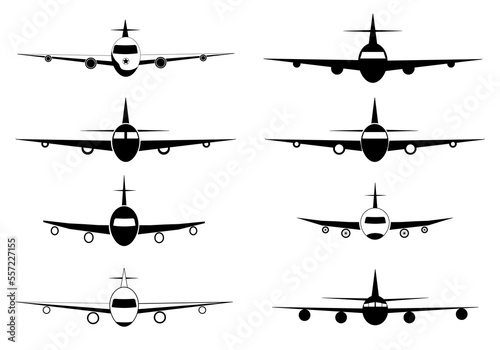 Airplane vector icon. Icon set. Flight transport symbol. Travel illustration. Flying up airplane icon. Vector illustration. Airplane in sky. Flying civil aircraft transport