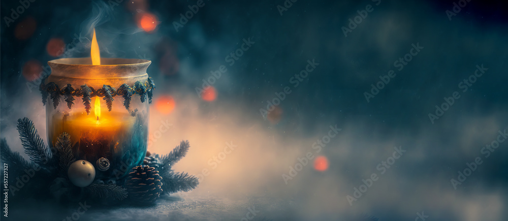 Horizontal banner with a Christmas candle that illuminates a misty space filled with magic and wonder. Ideal to enhance the graphic composition and create a festive atmosphere. Horizontal banner with a Christmas candle that illuminates a misty space filled with magic and wonder. Ideal to enhance the graphic composition and create a festive atmosphere.