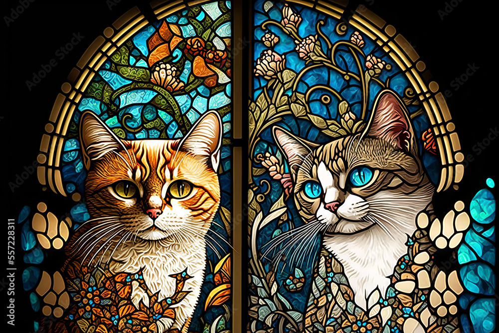 Fototapeta Stained Glass Windows with Cats in the window.
Generative ai