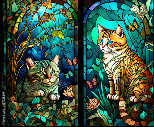 Fotografia Stained Glass Windows with Cats in the window.
Generative ai