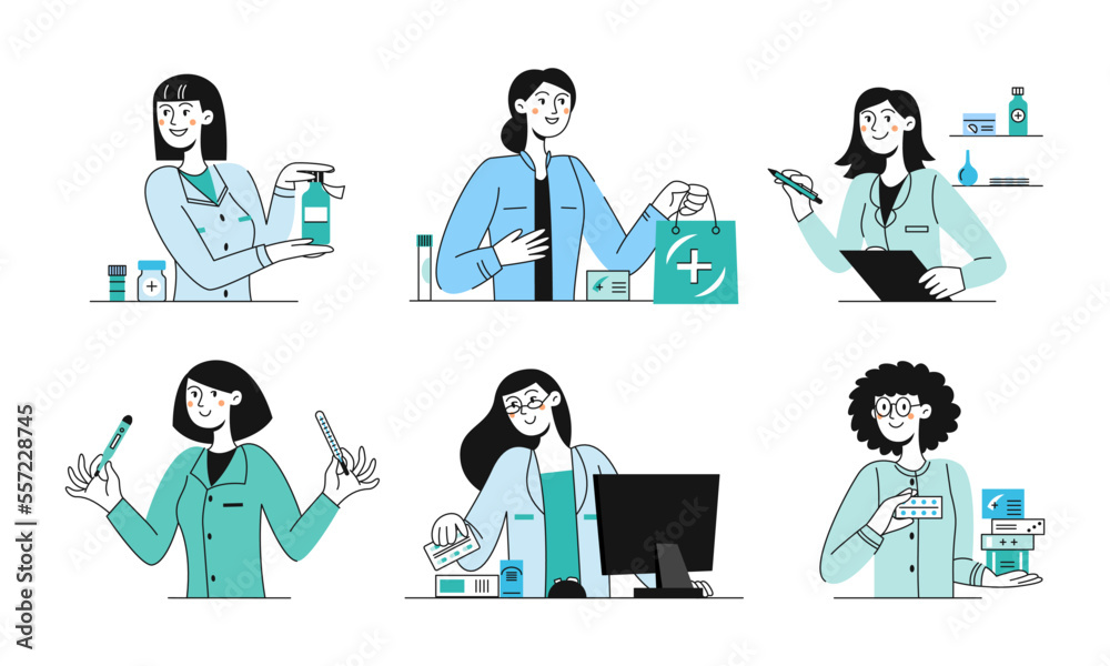 Set of medical professionals, medical staff, pharmacists. Pharmacy, medicines. World pharmacist day. Vector flat illustration Set of medical professionals, medical staff, pharmacists. Pharmacy, medicines. World pharmacist day. Vector flat illustration