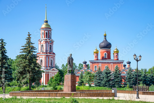 View of the Resurrection Cathedral and the monument to Lenin. Staraya Russa, Russia