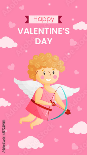 Vector vertical template greeting card for valentines day. Happy baby cupid on pink background illustration. Flyer for celebrate event and social media.