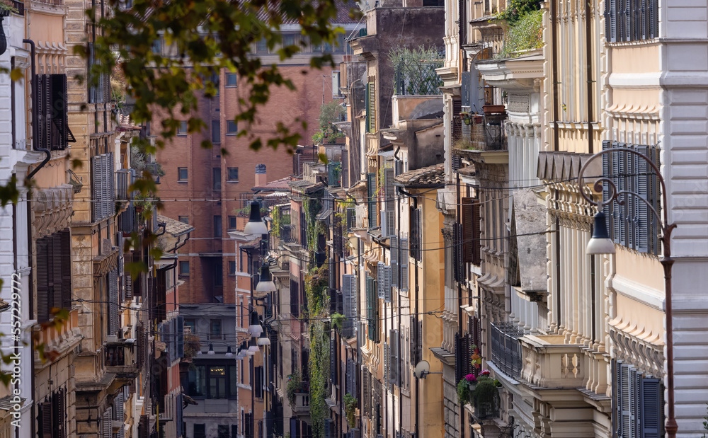Old Historic Streets in Downtown Rome, Italy. Apartment Buildings Exterior